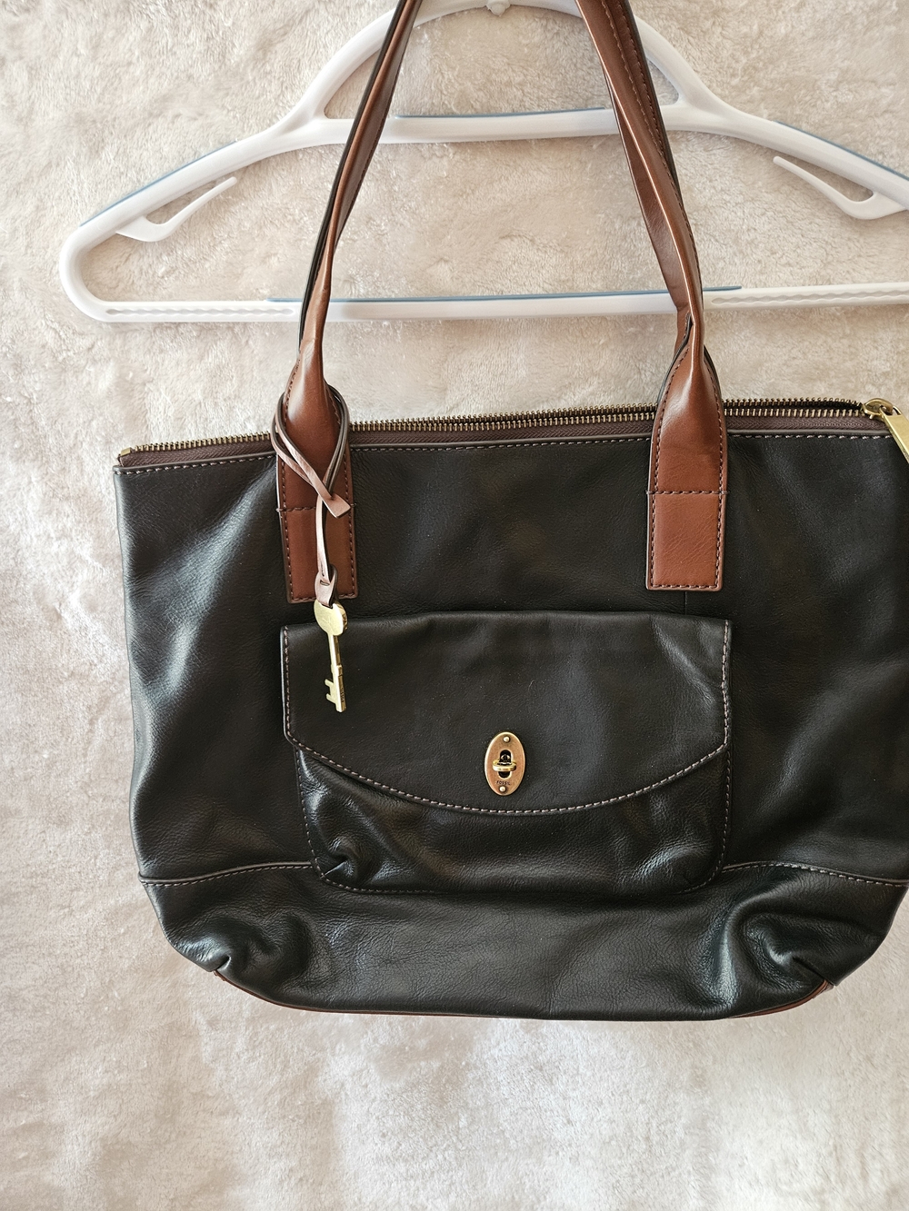 Fossil Black and Brown Leather Tote Bag